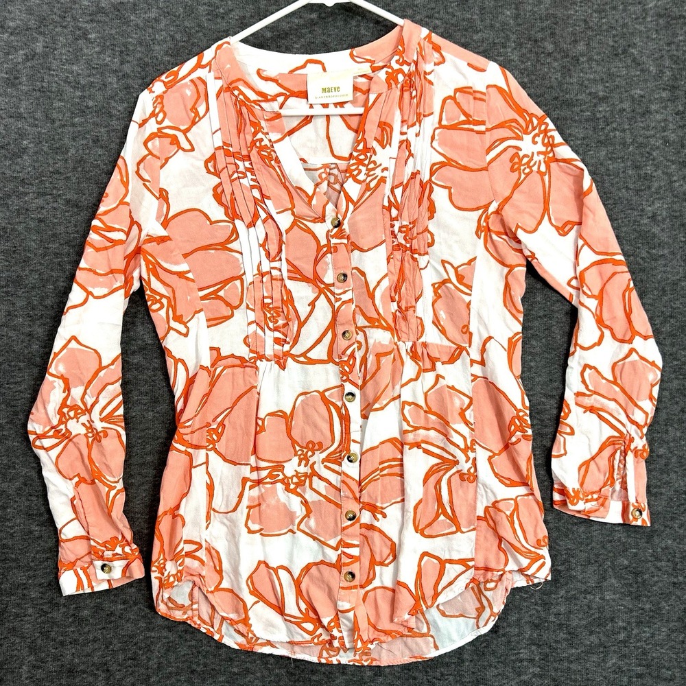 Maeve by Anthropologie Pintucked Button Down‎ Shirt Size Small Orange Floral